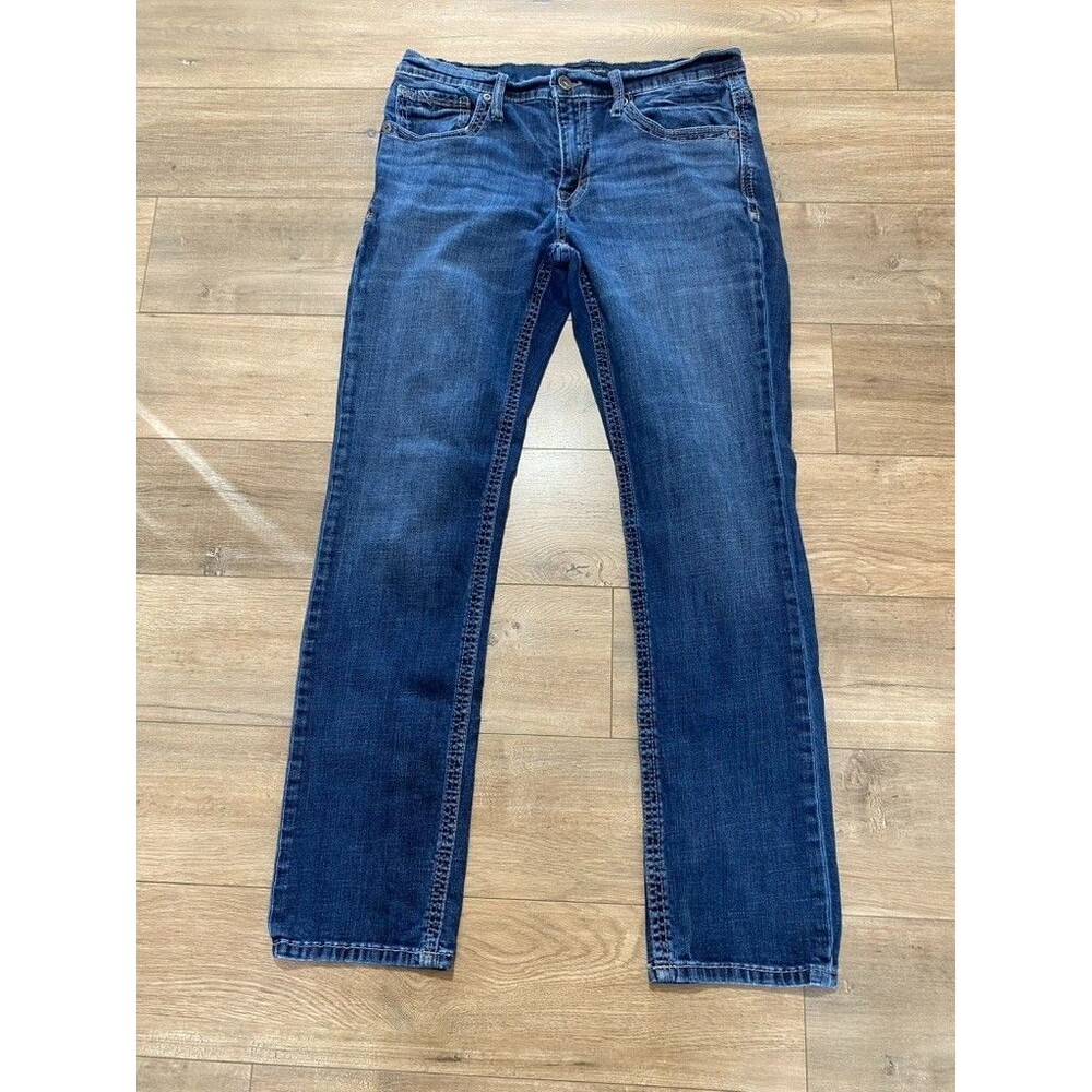 BKE Buckle Jake Mens 36X34 Thick Stitch Blue Denim Jeans Whiskers Stretch